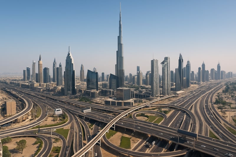 Dubai city skyline with major toll roads