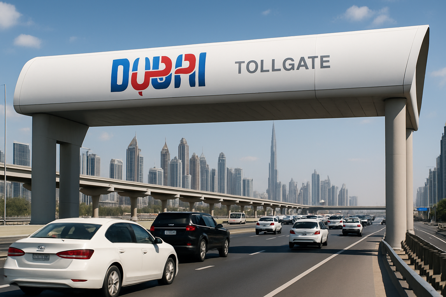 Modern Dubai toll gate on a busy highway